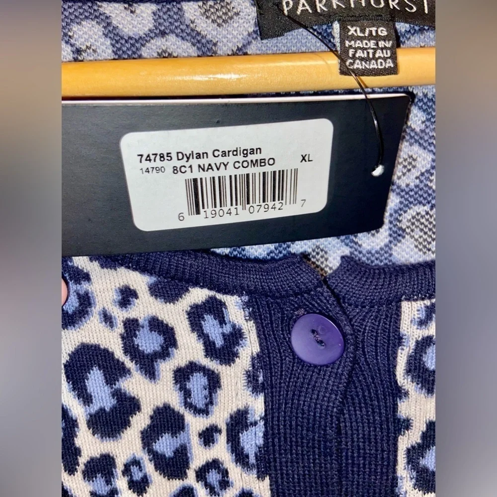 Women’s‎ PARKHURST navy blue cheetah print buttoned knit Cardigan size XL - Picture 4 of 11